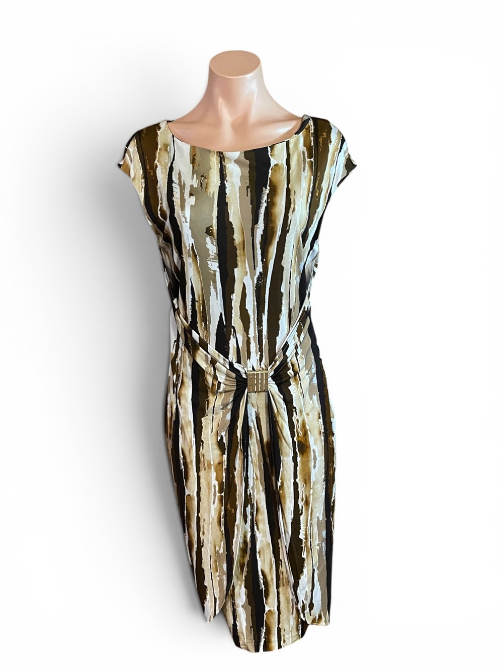 Escada Dress Womens 38 Enaria Fantasy Knit Ruched Abstract Sheath Midi L